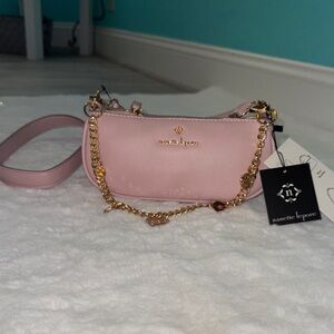 Nanette Lepore Light Pink Pebbled Leather Mini Crossbody with Gold Chain